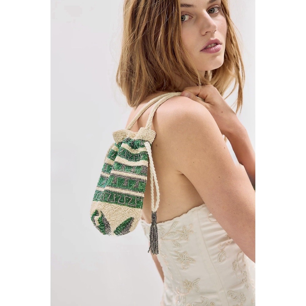 FREE PEOPLE Beaded Tassel Pouch NWT Green Ivory Drawstring Beaded Bag